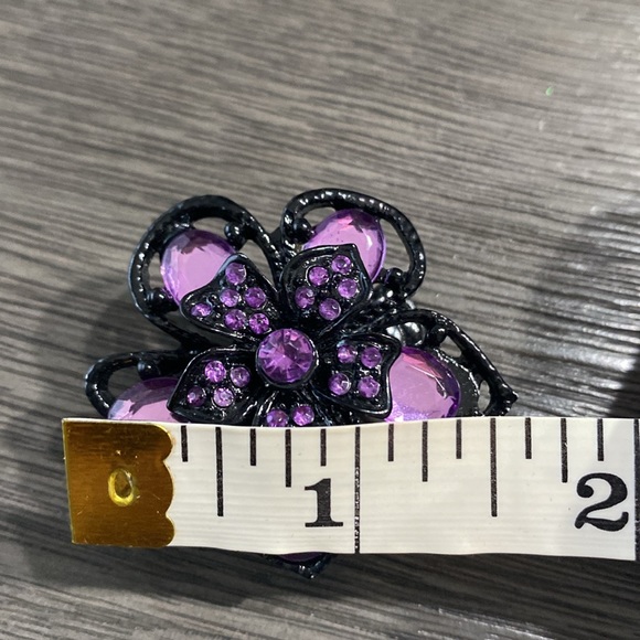 Purple Stones Black Flower Stretch Band Ring New - Picture 9 of 10